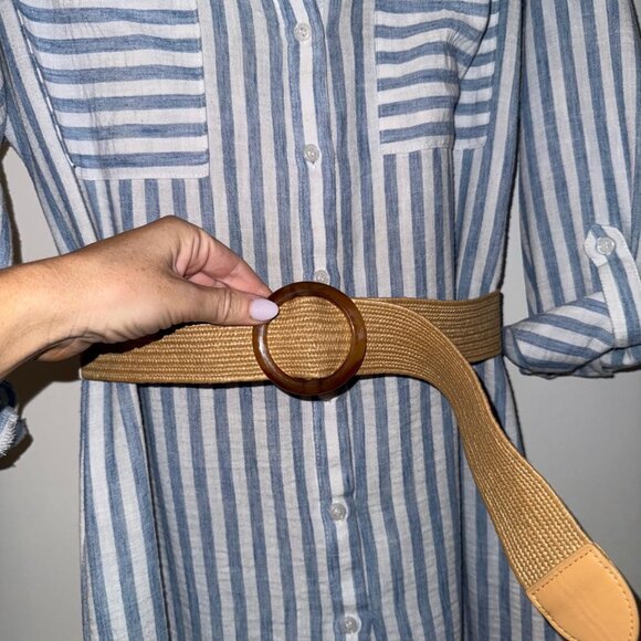 Blue and White stripe shirt dress midi with tan belt size medium 6-8 - Picture 5 of 13